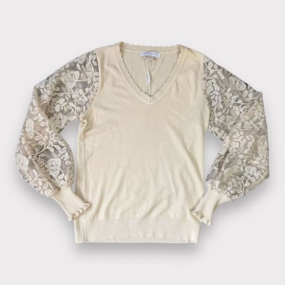 NWOT‎ Sioni Ivory V Neck Sweater Lace Beaded Sleeves Size XS - Picture 3 of 7